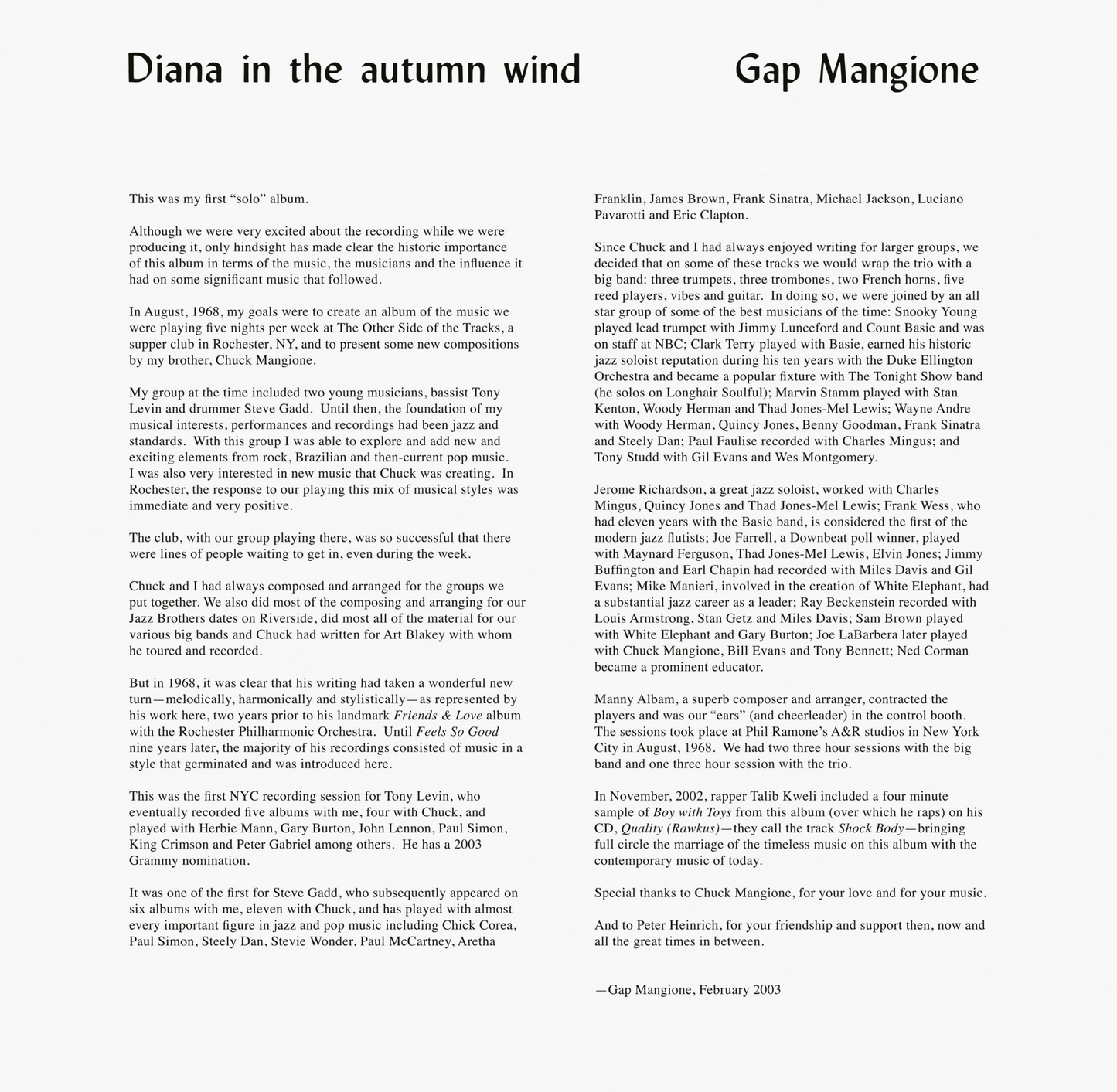Diana in the Autumn Wind - Gap Mangione LP